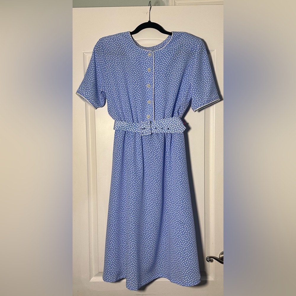 Vintage Blair Blue Polka Dot Midi Dress Belted Size 10 Cottagecore Retro 90s